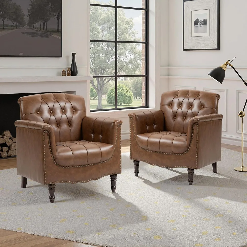 

Faux Leather Accent Chair, PU Leather Modern Comfy Upholstered Armchair with Wood Legs & Nailhead Trim for Living Room,Bedroom