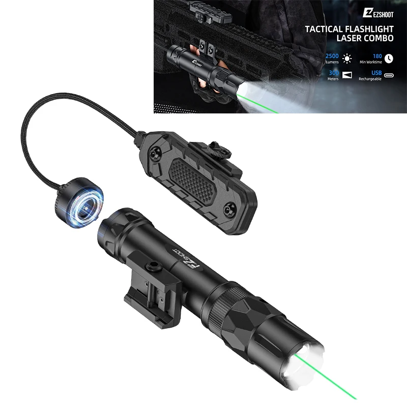

EZshoot 2500 Lumens Rifle Tactical Flashlight Green Laser LED Light Combo Compatible with Picatinny Rail Strobe Mode for Hunting