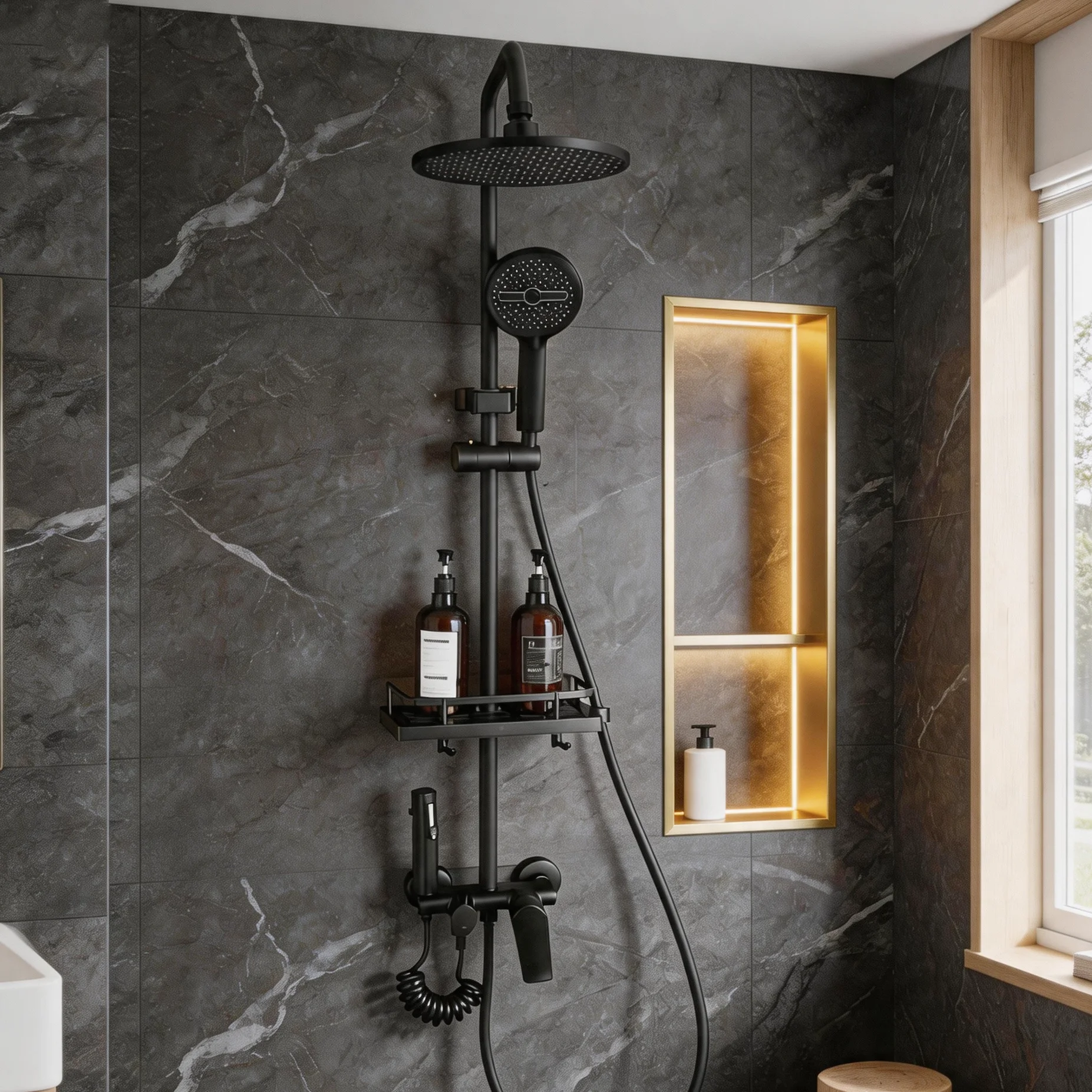 KEMAIDI Matte Black 4 Function Shower System with Storage Shelf, Wall Mount Rain Shower Faucet Set Bathroom Shower Combo