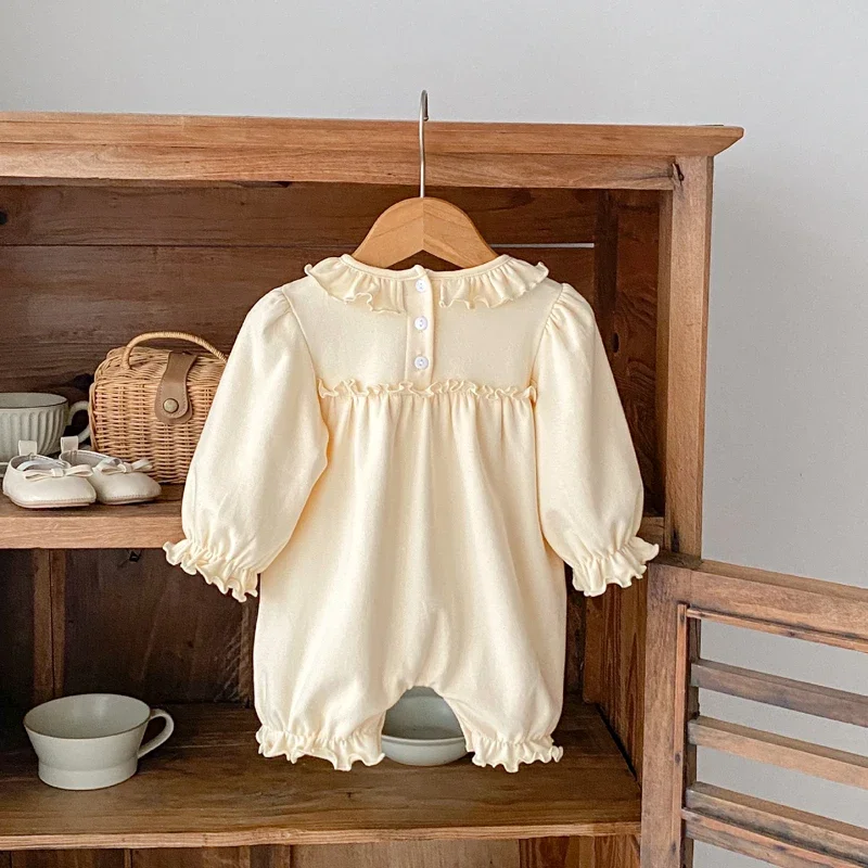 Autumn Spring 2024 Newborn Baby Girl\'s Romper with Embroidered Leaf Collar Long Sleeve Loose Cotton Infant Romper Jumpsuit