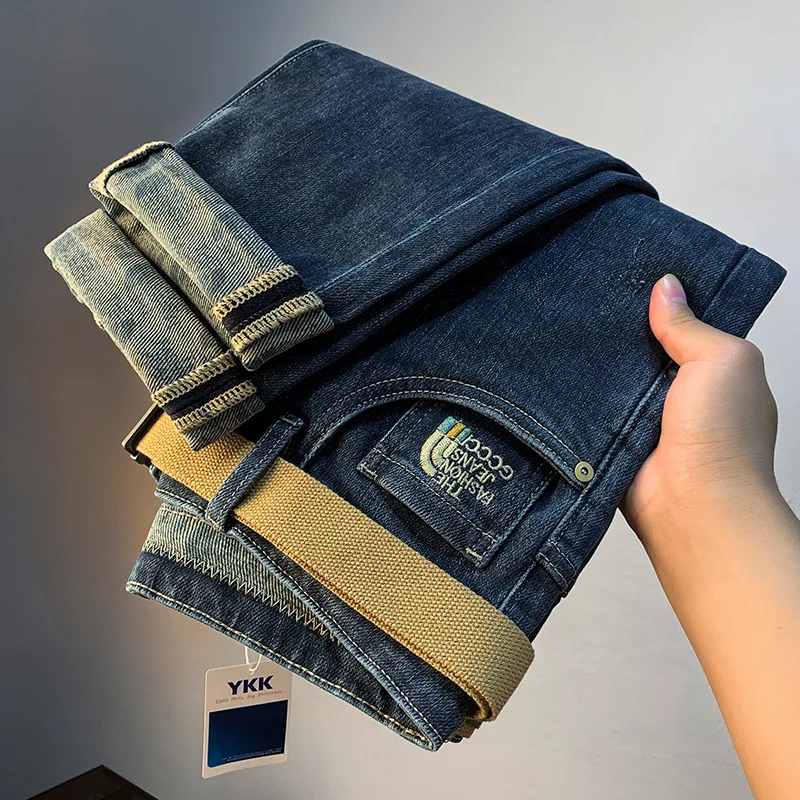High-end jeans men's autumn new fashion embroidered printed casual slim stretch skinny light luxury denim pants