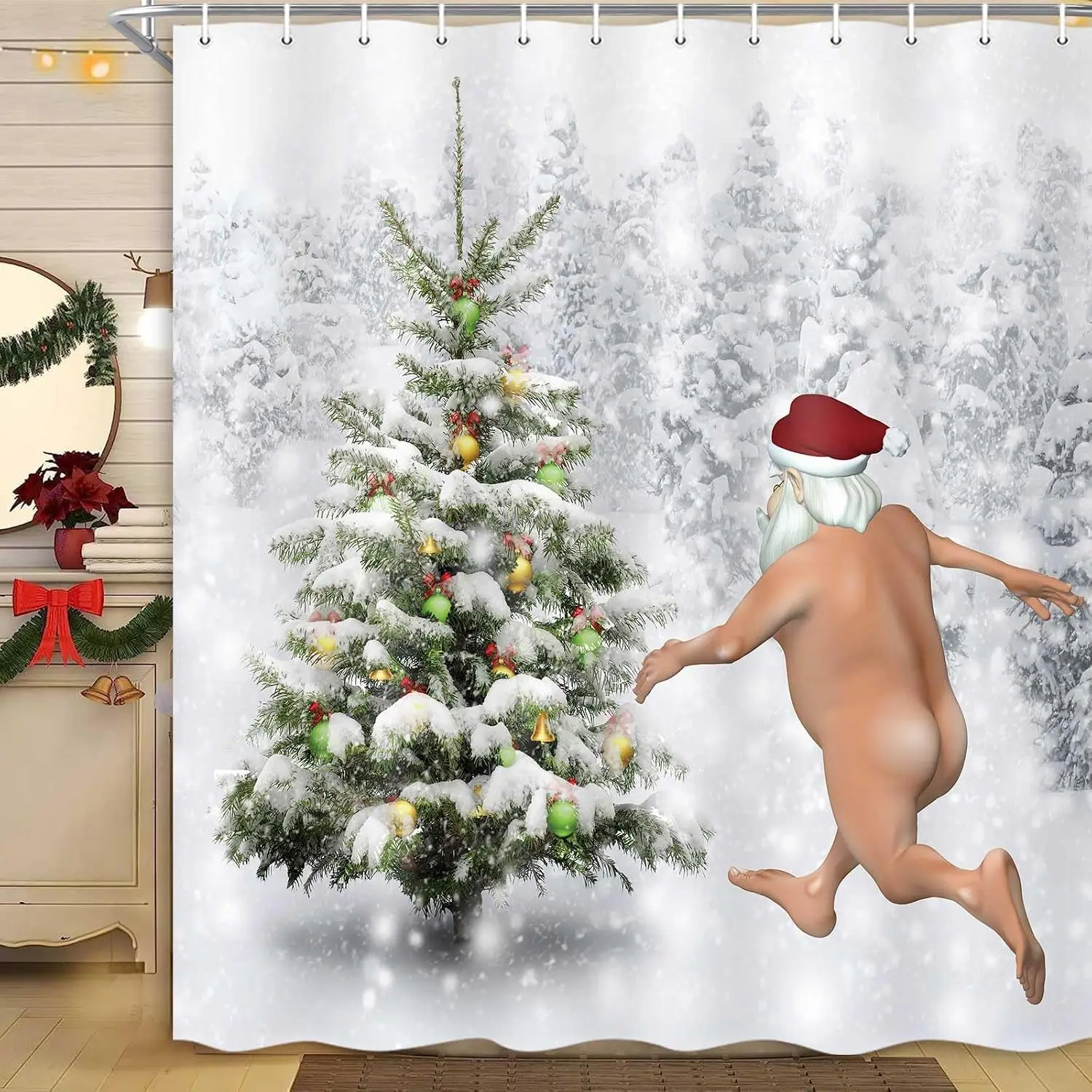 Funny Christmas Santa Claus Shower Curtain, Christmas Tree Winter Forest Snowflake Bathroom Curtains, Durable Waterproof Fabric Shower Curtain Set with 12 Hooks, 71 x 71 Inches