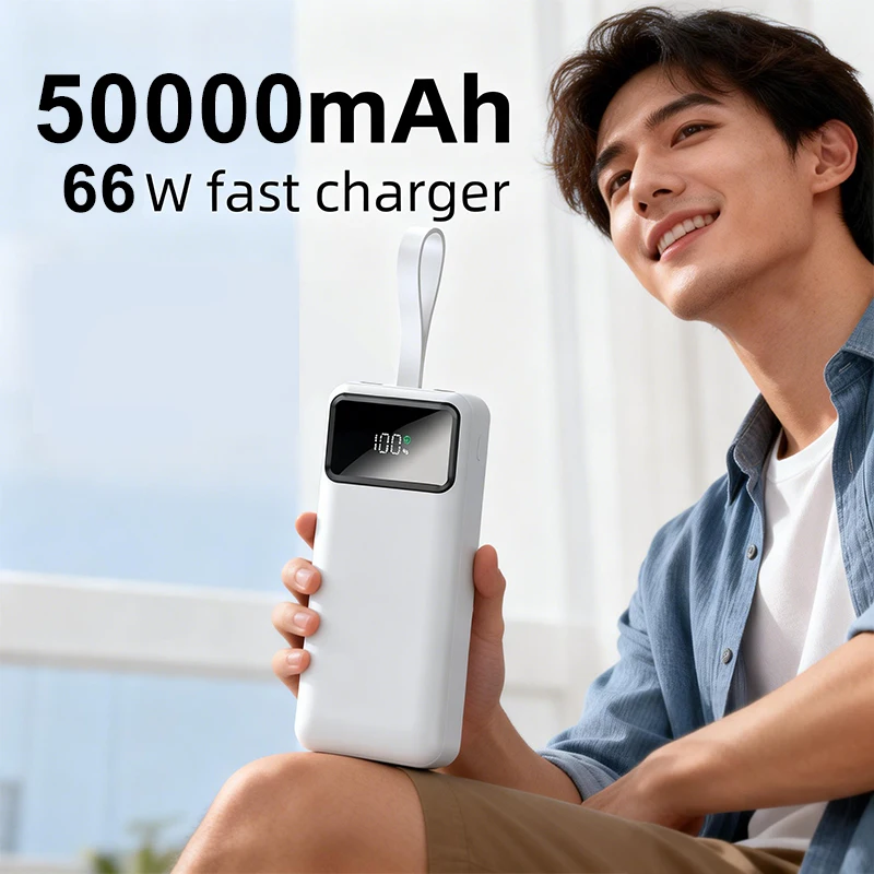 Batterie externe à charge rapide 50000 mAh, batterie portable 66 W, écran numérique LED, lampe torche LED, charge à 3 ports pour téléphones iOS et Android, alimentation de voyage haute capacité