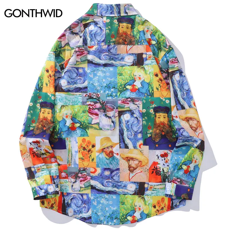 Vintage Hawaiian Shirt Van Gogh Starry Sunflower Graphic Print Oversize Shirts Streetwear 2024 Hip Hop Button Up Long Sleeve Top