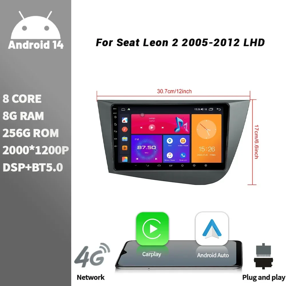 Car Radio Multimedia Player Navigation Wireless CarPlay Touch Screen Stereo Android Bluetooth For Seat Leon 2 2005-2012 LHD