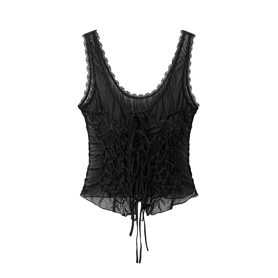 DUOPERI النساء Y2K موضة الصلبة مطوي الدانتيل يصل سليم المناسب بروتيل الأشرطة الخامس الرقبة أنثى شيك سيدة عادية تانك القمم #5