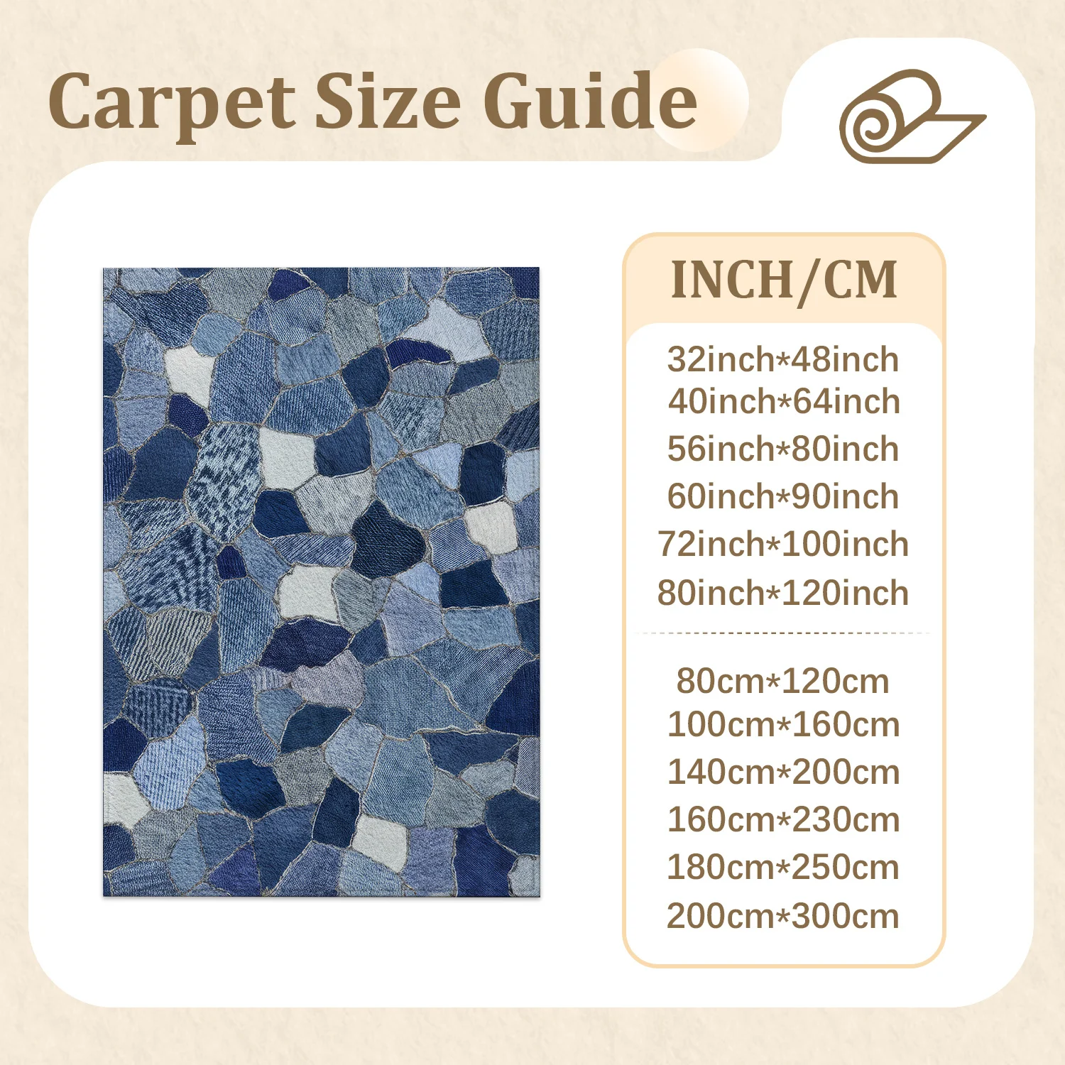 Large Indoor Area Rug, Soft Velvet Low Pile with Non-Slip Dotted Backing, Machine Washable Blue Denim Mosaic Patchwork Rug, Modern Rustic Decor for Living Room, Bedroom, Entryway, Hallway