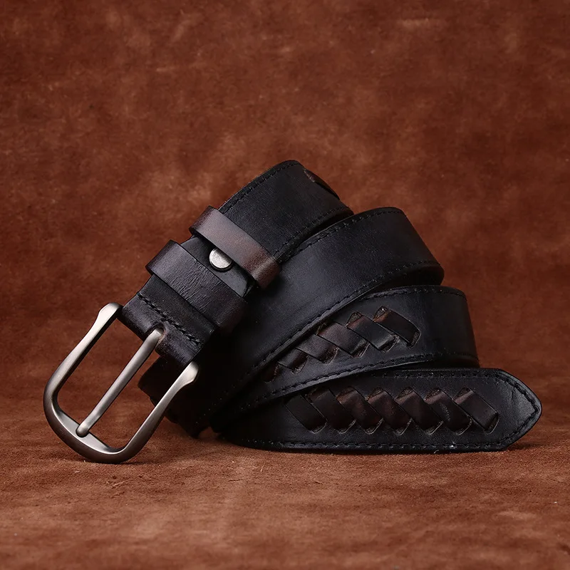 Men's Genuine Leather Woven Belt Italian Vegetable Tanned First-Layer Cowhide Retro Distressed Personalized Trendy Trousers Acce
