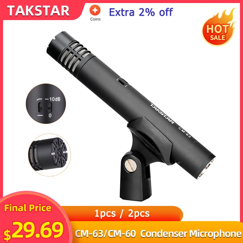 TAKSTAR CM-63/CM-60 Professional Diaphragm Condenser Microphone Moisture Resistant XLR Cardioid Mic 48V Phantom Power Supply