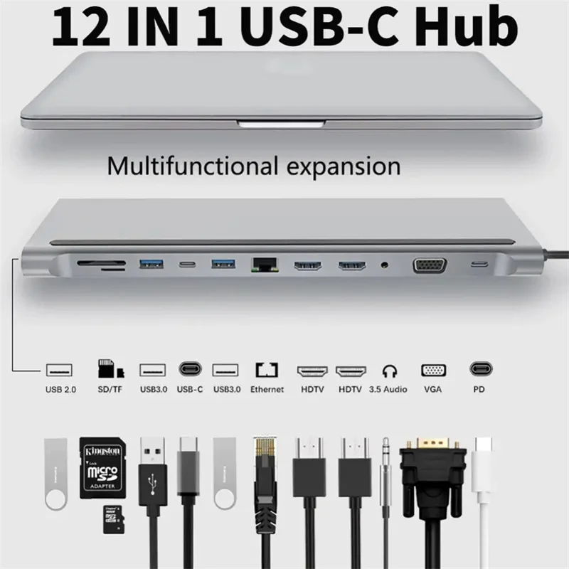 12 in 1 USB C Hub Dock Dual HDMI-compatible VGA USB Hub Adapter Type C Laptop Universal Docking Station Laptop Accessories