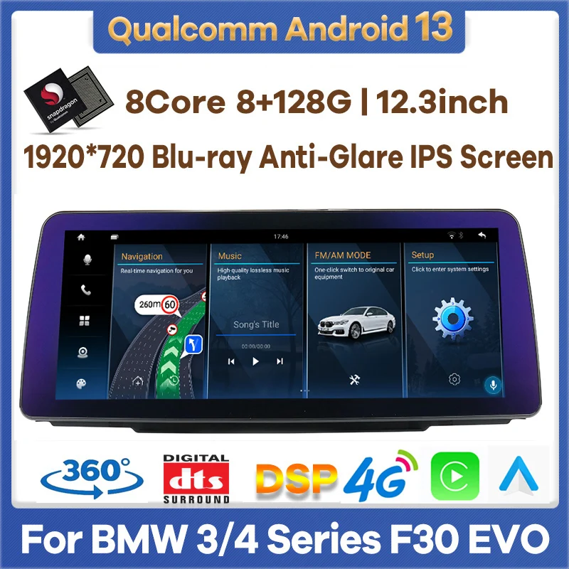 

12.3" Qualcomm 8+128G Android 13 Car Video Player for BMW 3 / 4 Series F30 F31 F32 F36 EVO 2018 2019 Auto GPS Stereo CarPlay