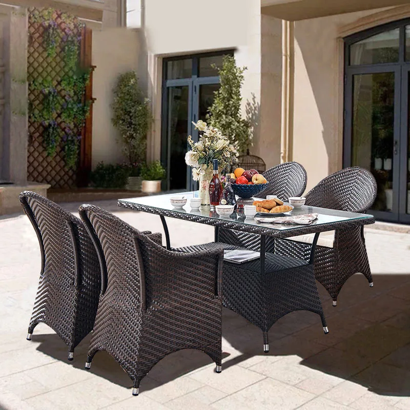 Outdoor combination rattan weave modern light luxury metal courtyard balcony open-air garden set tables and chairs for leisure