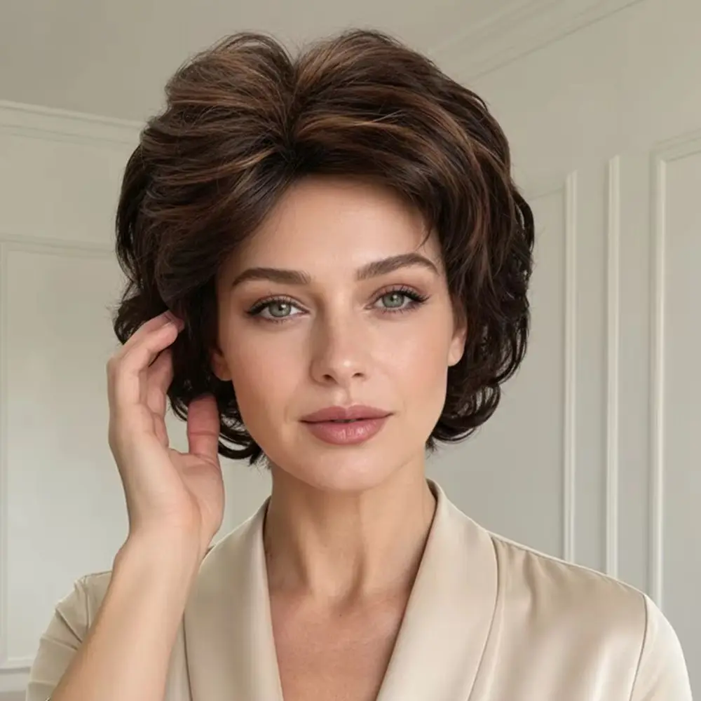 10 Inch Short Curly Wavy Wig with Hair Bangs Imported Premium Synthetic Fashion Brown Hair Wigs for Women