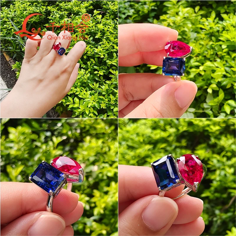 lab grown Pigeon blood red ruby Royal blue sapphire Emerald and pear stone with  Ring Silver 925 Wedding Engagement Women gift view 4
