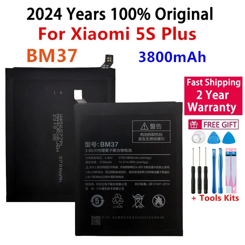 

100% Orginal BM37 3800mAh Battery For Xiaomi 5S Plus Mi5S Plus High Quality Phone Replacement Batteries+Tools