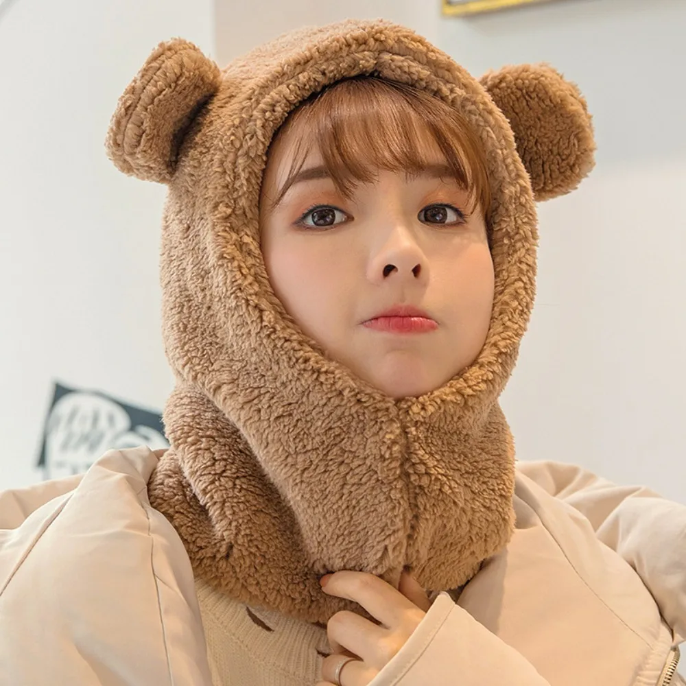

Sweet Cute Bear Ear Hat Scarf Windproof Cartoon Winter Warm Hedging Cap Korean Style Solid Color Plush Hat Scarf Autumn