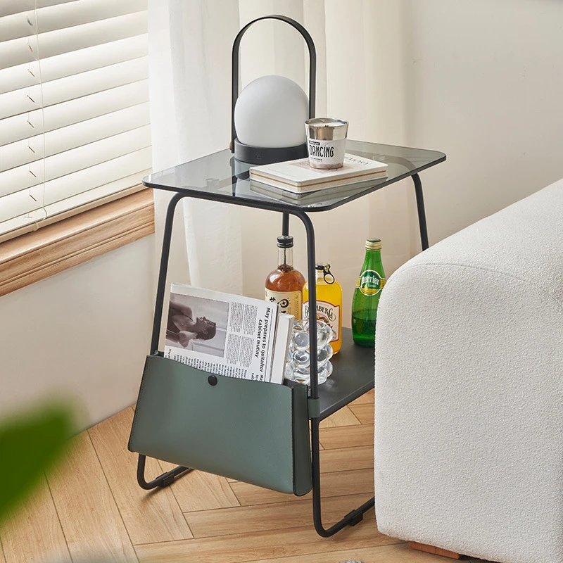 Simple Sofa Side Table Small Apartment Coffee Table Desk Mini Square Bedside Table Storage Rack Metal Glass Corner