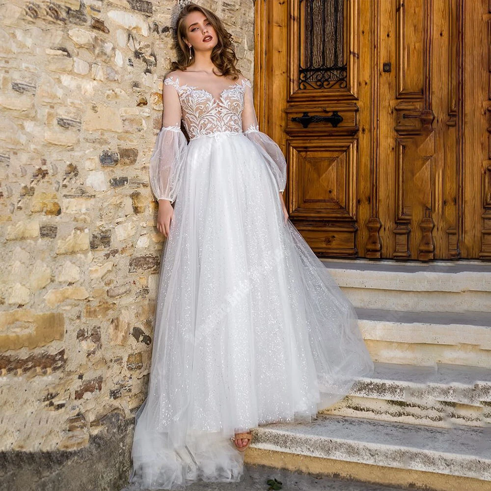 Pure White Women Wedding Dresses Romantic Tulle Surface Long Sleeves Bridal Gowns Mopping Length Princess Vestido De Novias 2024