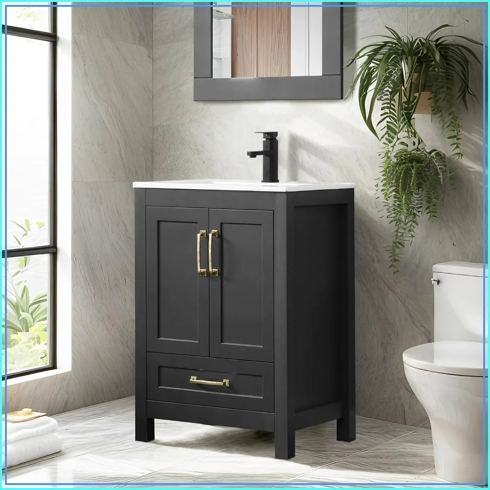 24 inch Wood Bathroom Vanity with Sink, Storage Cabinet, Undermount White Sink, Matte Black Faucet