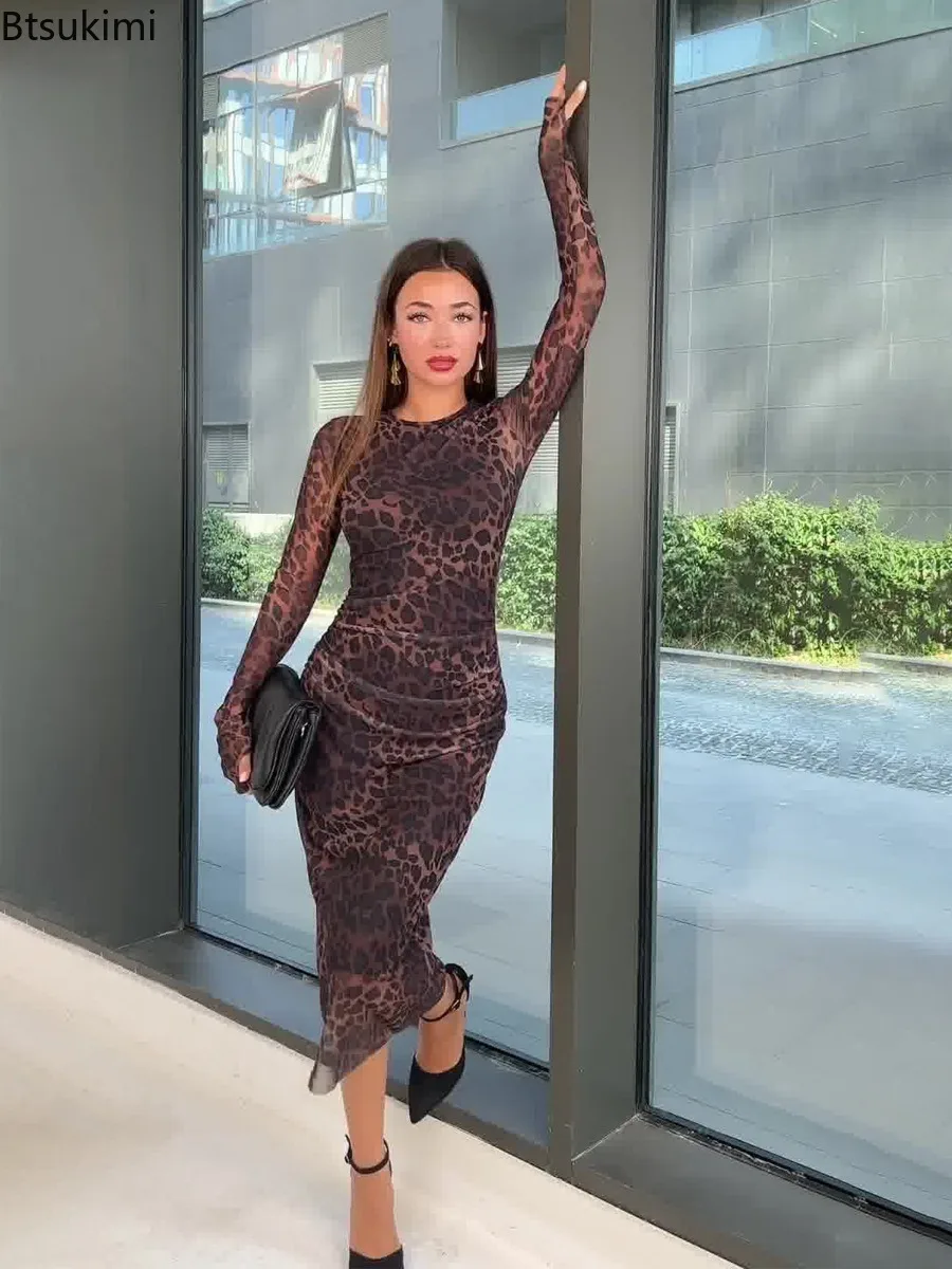Primavera novas mulheres temperamento o pescoço leopardo impressão midi vestido moda manga longa sexy bodycon vestido senhoras festa clube streetwear