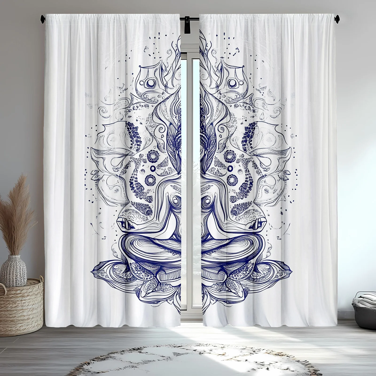 2pcs Tranquil Meditation Art Curtains, Classic Polyester with Energy Chakra Symbols, Blue and White Design for Bedroom & Living