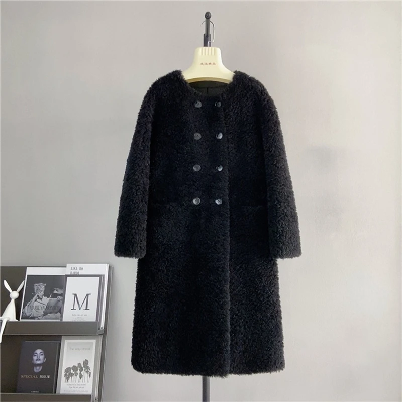 

2023 Fall and Winter New Lamb Wool One Medium-length Jacket Sheep Shearling Round Neck Young Women Coat PT455