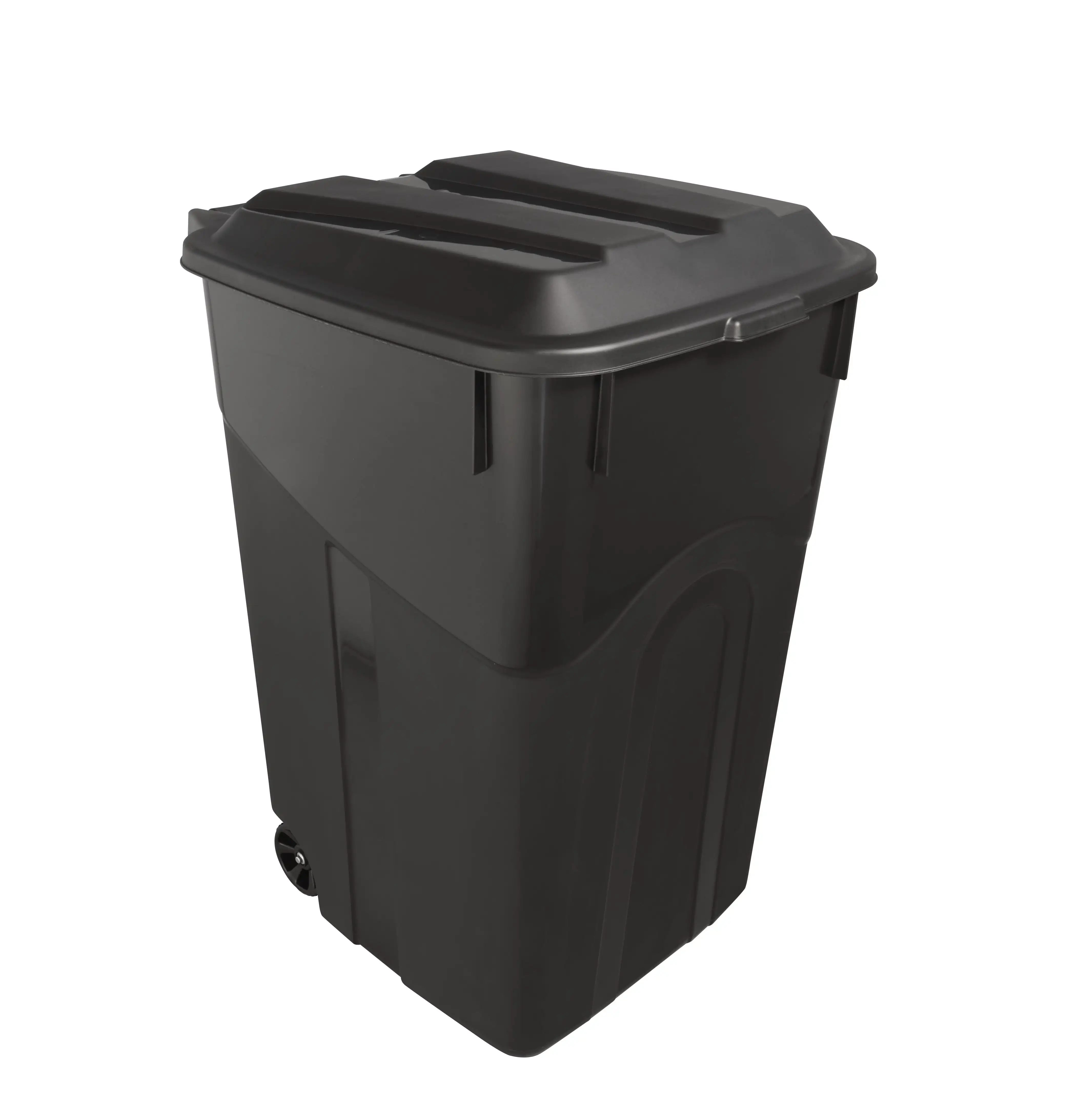 45 Gallon Wheeled Heavy-Duty Plastic Garbage Can with Hinged Attached Lid, Black, Large Capacity Trash Bin with Rugged Wheels & Pass-Through Handle for Household and Commercial Use