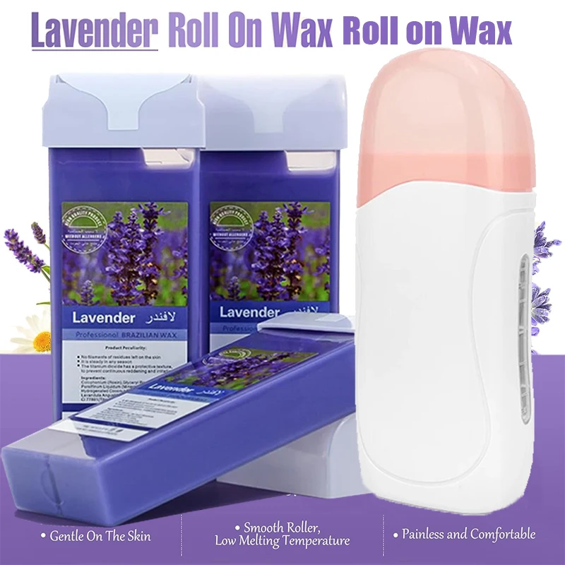 Roll On Waxing Kit Lavender Hair Removal Wax Warmer with Cartridge Depilatory Roller Refill for Legs Arms and Underarm