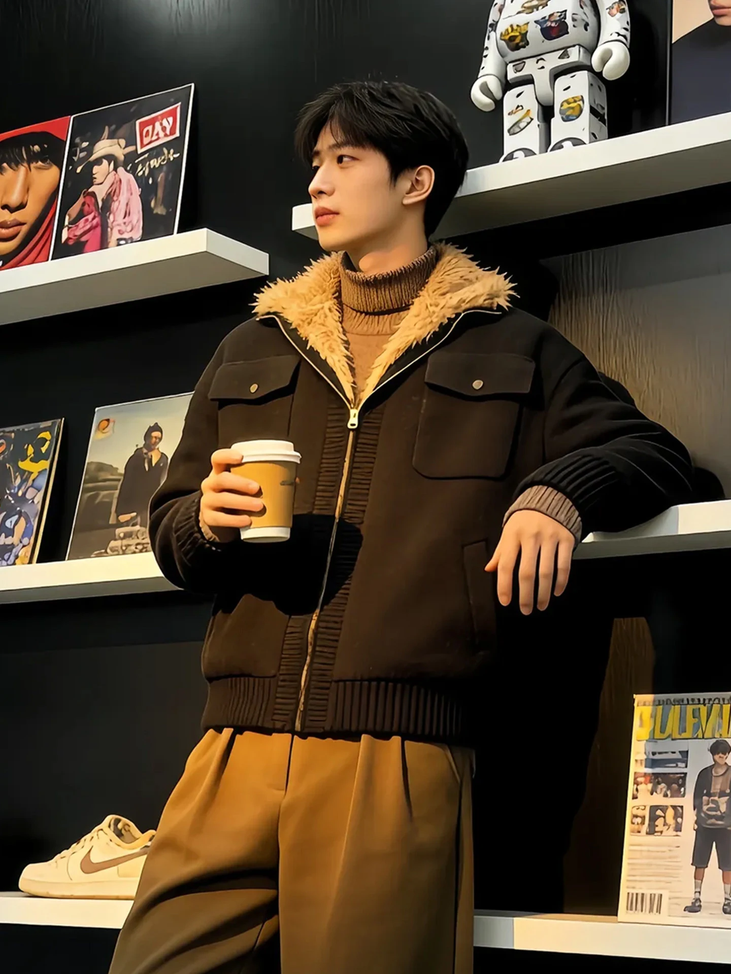 

Retro American Sle Men's Cotton Jaet with Fur Collar Warm Thiened Winter Coat Cleanfit High-End Feeling Outerwear