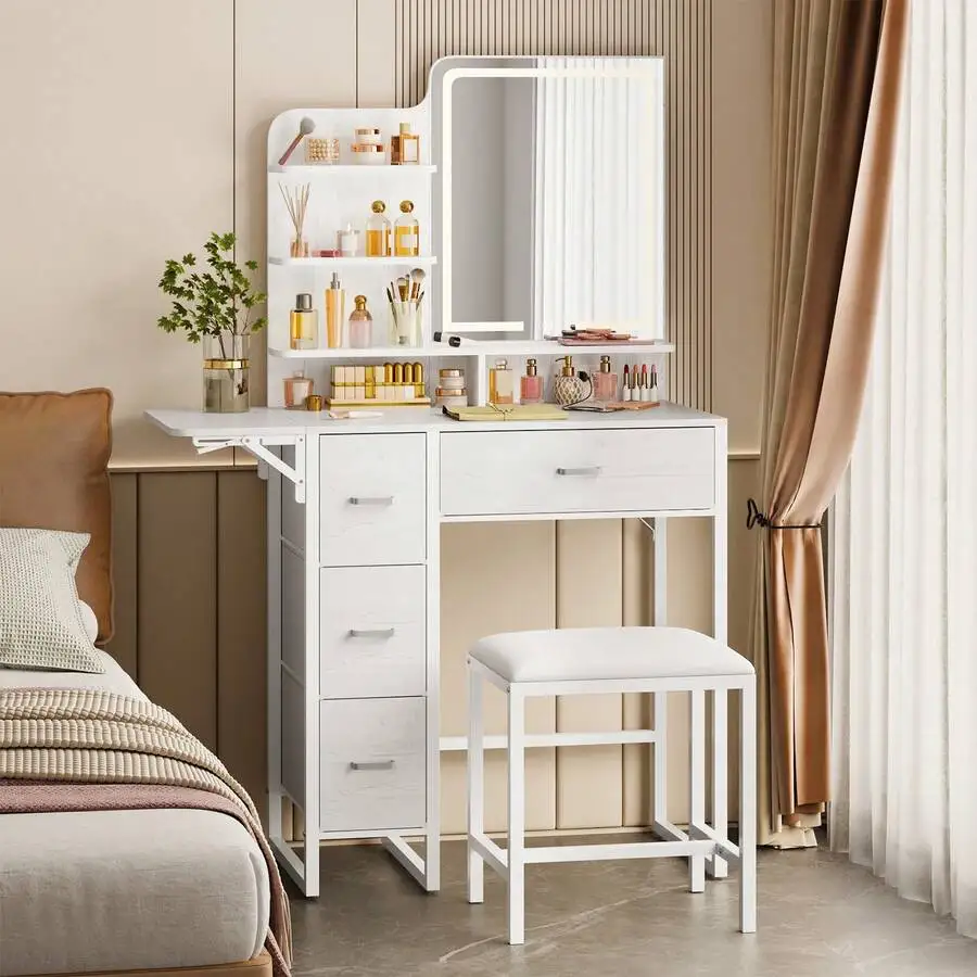 2 Sizes Vanity Desk Set With Mirror LED Lights (Powered By USB) And Power Outlet, Vanity Desk With Soft Dressing Stool And Drawe