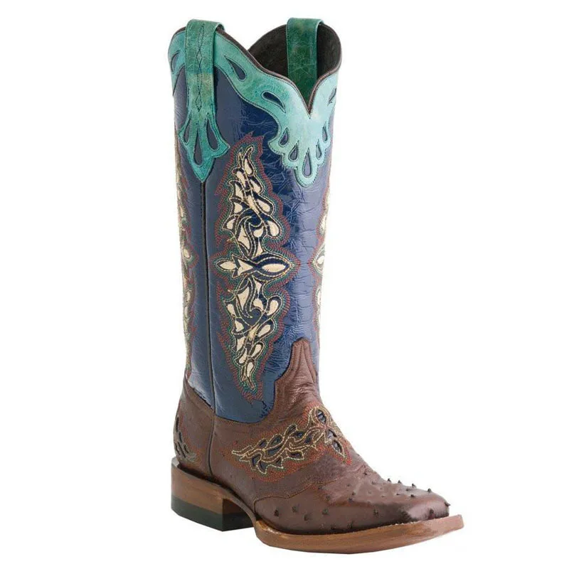 Leather Embroider Western Cowboy Retro Cowgirl Boots Low Heels Knee High Boots Female Footwea