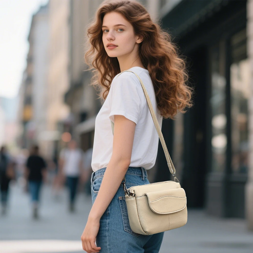 Women Soft Pebbled Genuine Cowhide Crossbody Bag Multi Pockets Magnetic Snap Shoulder Purse Detachable Adjustable Strap Casual D