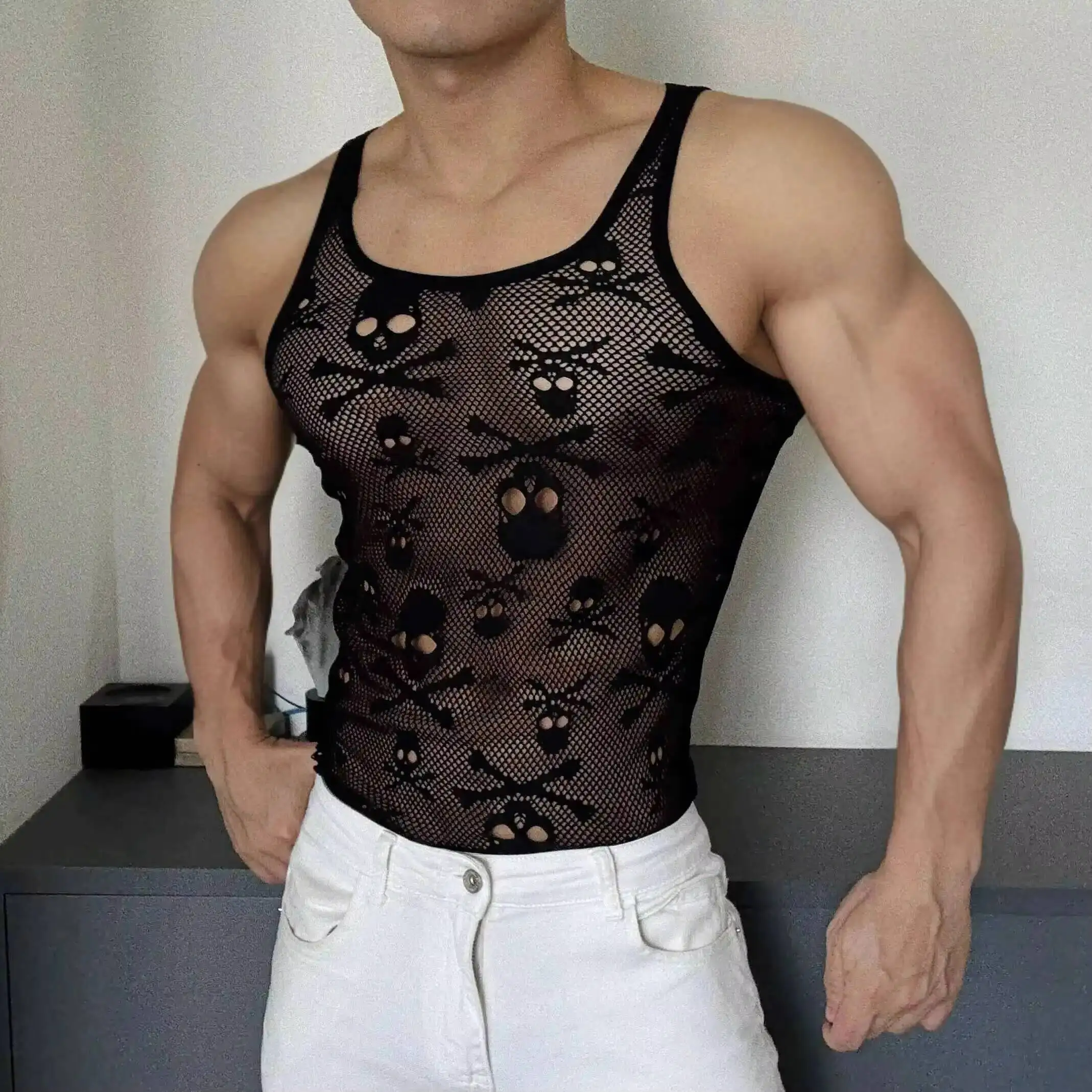 Summer black skull see through men fitness Ttank top Ultra thin sexy knitted t shirt