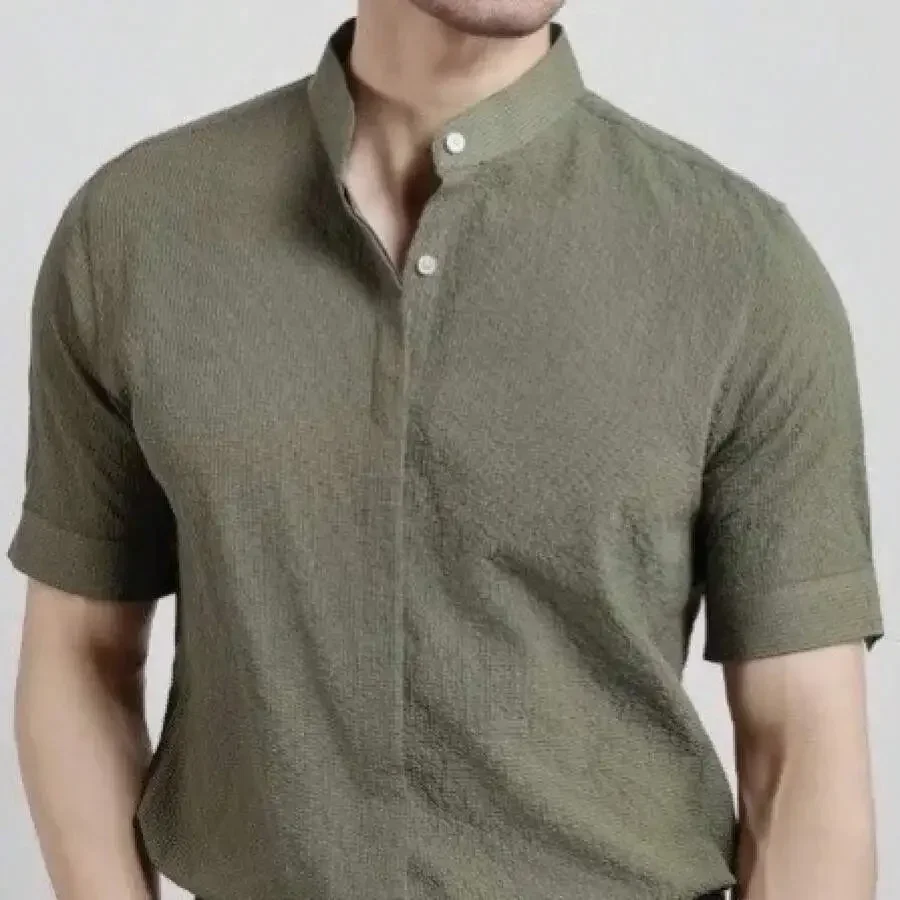 

Mens Summer Short Sleeve Stand-Up Collar Shirt Ice Silk Bubble Gauze Solid Color Casual Slim Fit