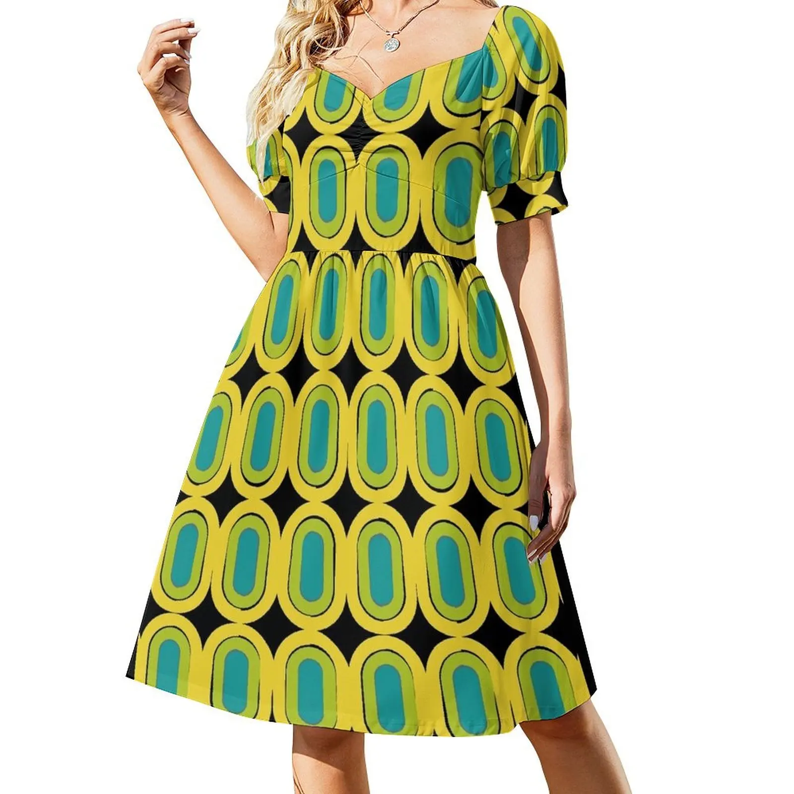 

60s Mod Pattern - Yellow Short Sleeved Dress dress women summer 2025 dresses for prom dress dresses