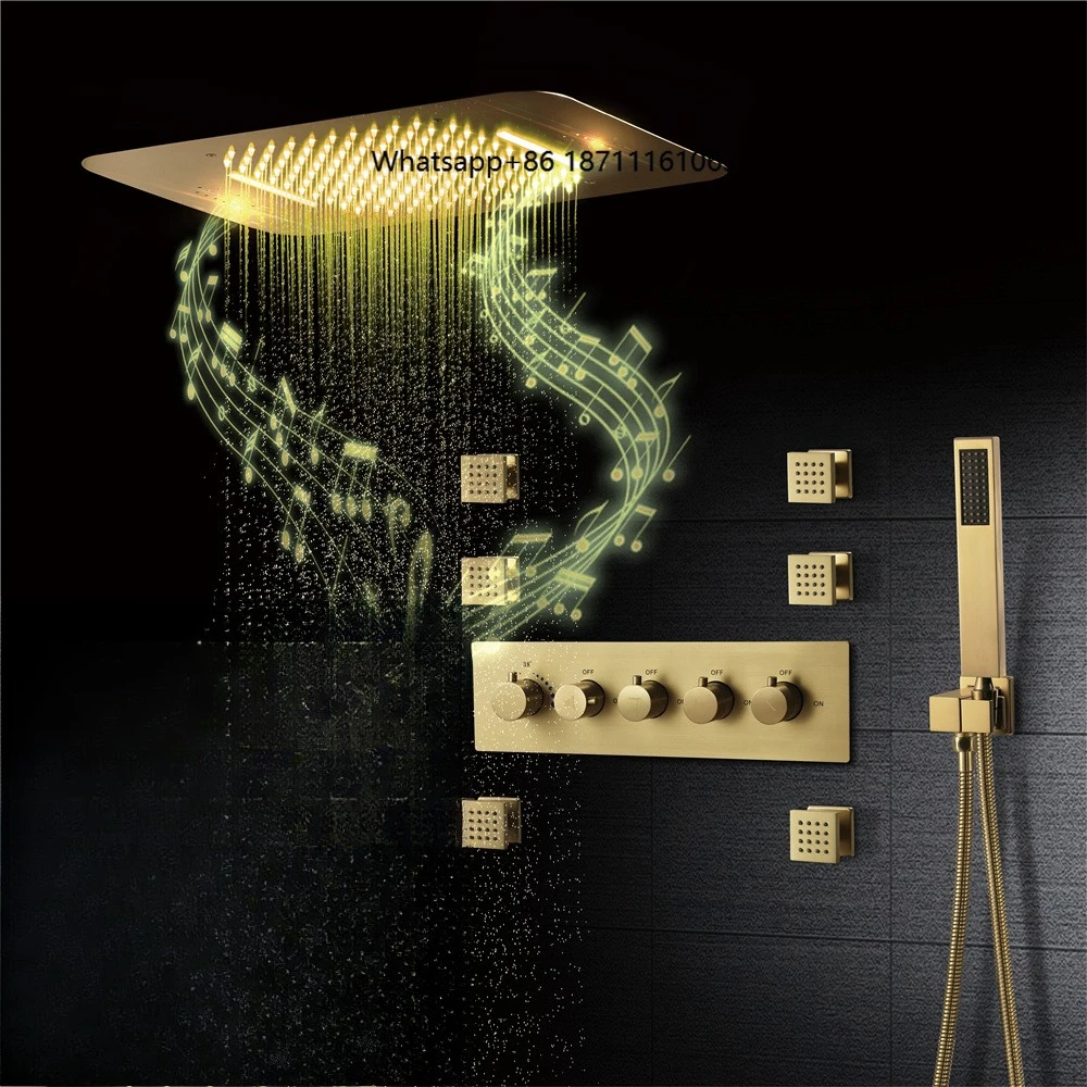 Thermostatic LED Rainfall Shower System with Modern Design Polished Stainless Finish Metered Faucets for Bathroom Use
