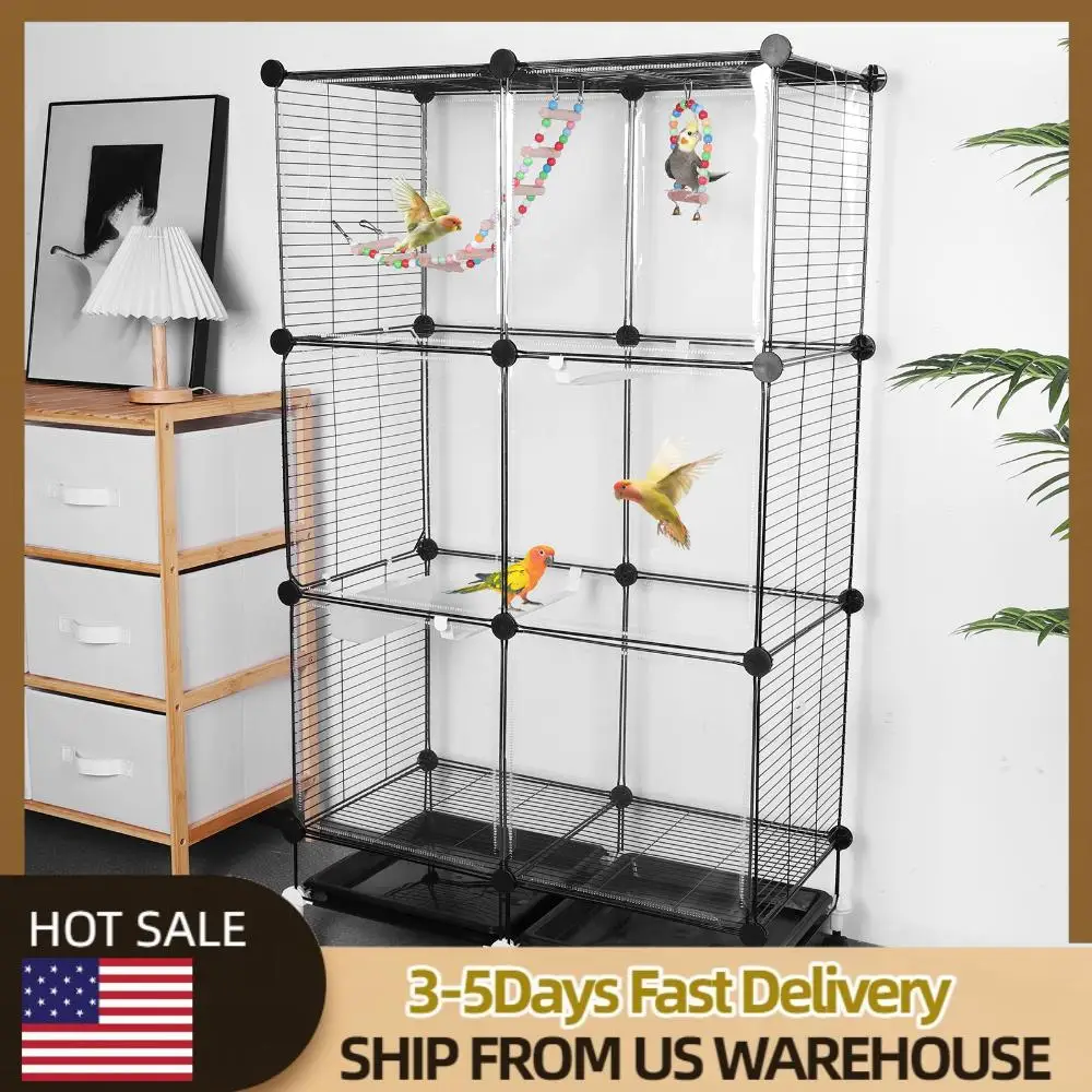 

Bird Cage Universal Wheel Metal Parrot Cage with Stand Tray Swing Ladder (Black)