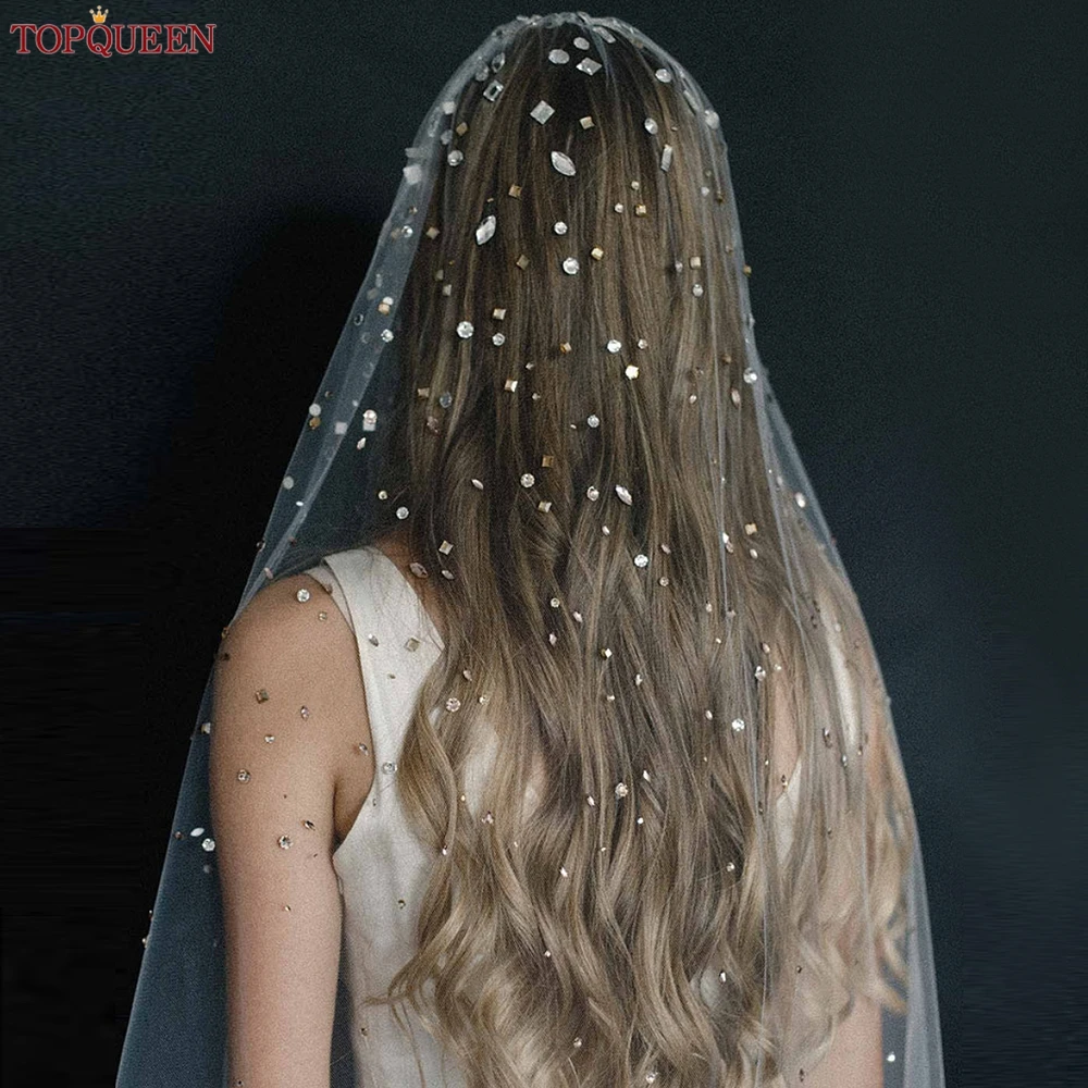 

TOPQUEEN V178 Luxury Crystal Diamond Wedding Veil Sparking Bridal Veil Rhinestones Draped Wedding Accessories for Cathedral