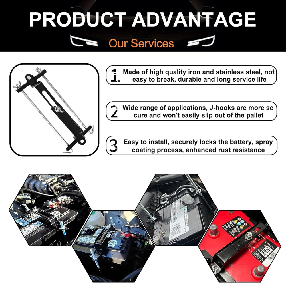 Adjustable Battery Hold Down Premium Stainless Steel Battery Crossbar with 11 inches/ 27 cm J Bolts Universal Rust-Resistant