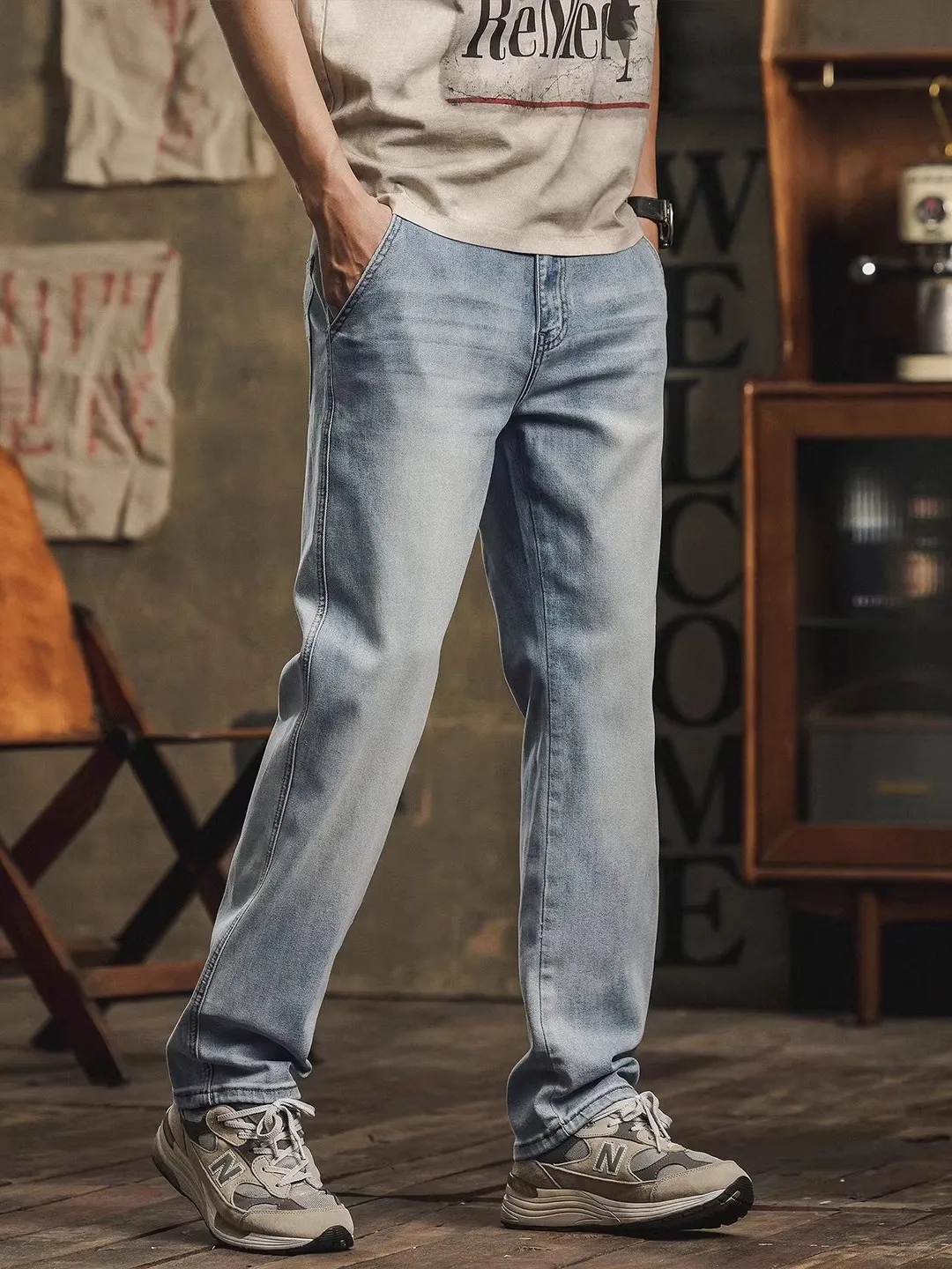 

Elastic American Sle Men's Jeans mid Waist Cleanfit Series Spring Autumn New Sle Selv Embroidery Light Blue Casual St...