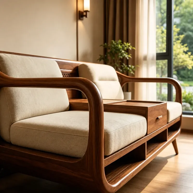 New Chinese Style Black Walnut Solid Wood Straight Sofa Begonia Flower Design Modern Simple Song Aesthetics Removable
