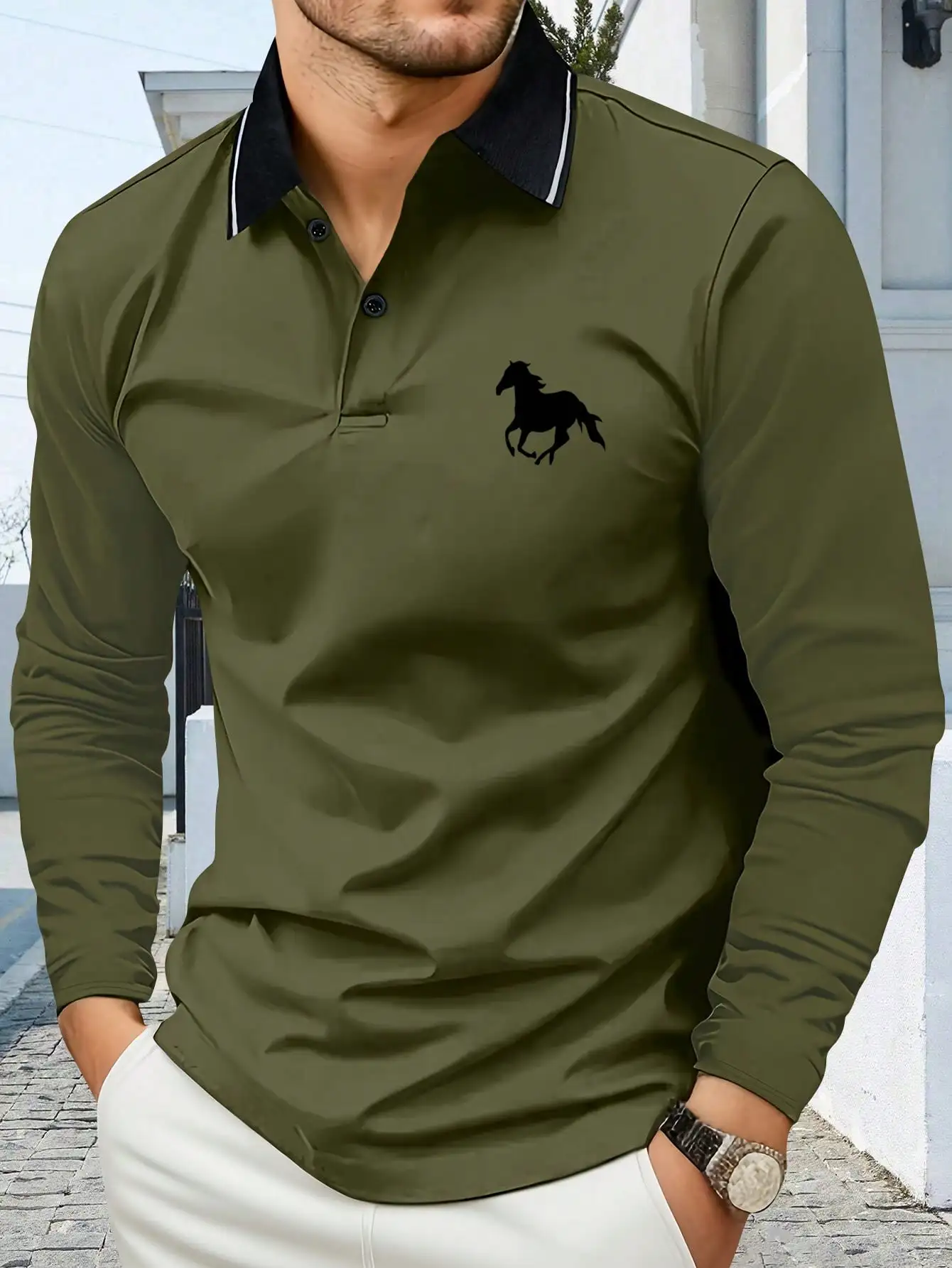 

Men's Olive Green Long Sleeve Polo Shirt with Horse Silhouette Print, Casual Lightweight for Outdoor & Business