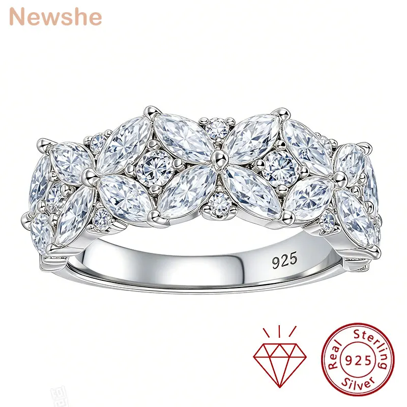 Newshe 925 Sterling Silver Moissanite Rings D VVS1 Marquise Cut Full Paved Flower Eternity Wedding Engagement Ring for Women