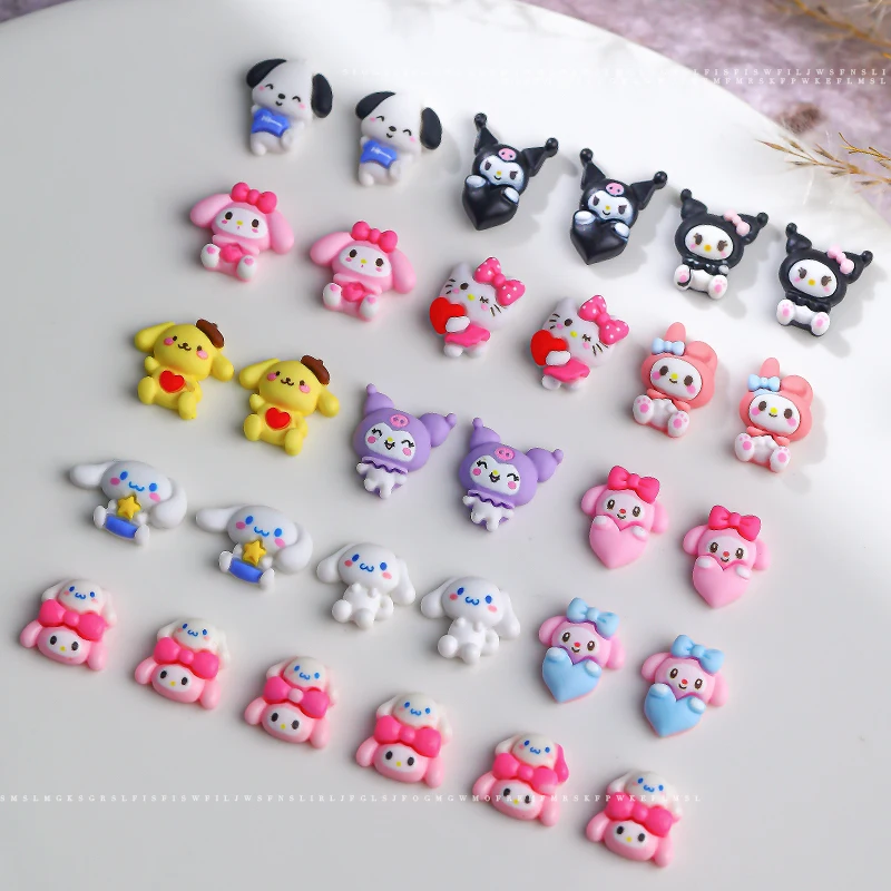 10Pcs 3D Kawaii Sanrio 핑크 하트 멜로디 네일 아트 장식 8/10mm 캔디 수지 Kuromi/멜로디 네일 참 DIY 매니큐어 부품