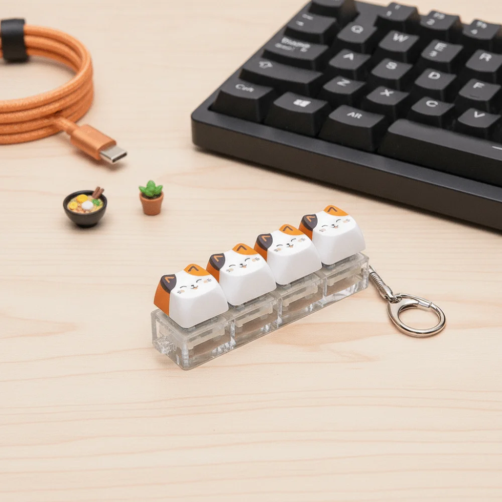 Cute Cat Keyboard Fidget Finger Button 4 Keys Keycap Keyring Kawaii Creative Design Mechanical Keyboard Keychain