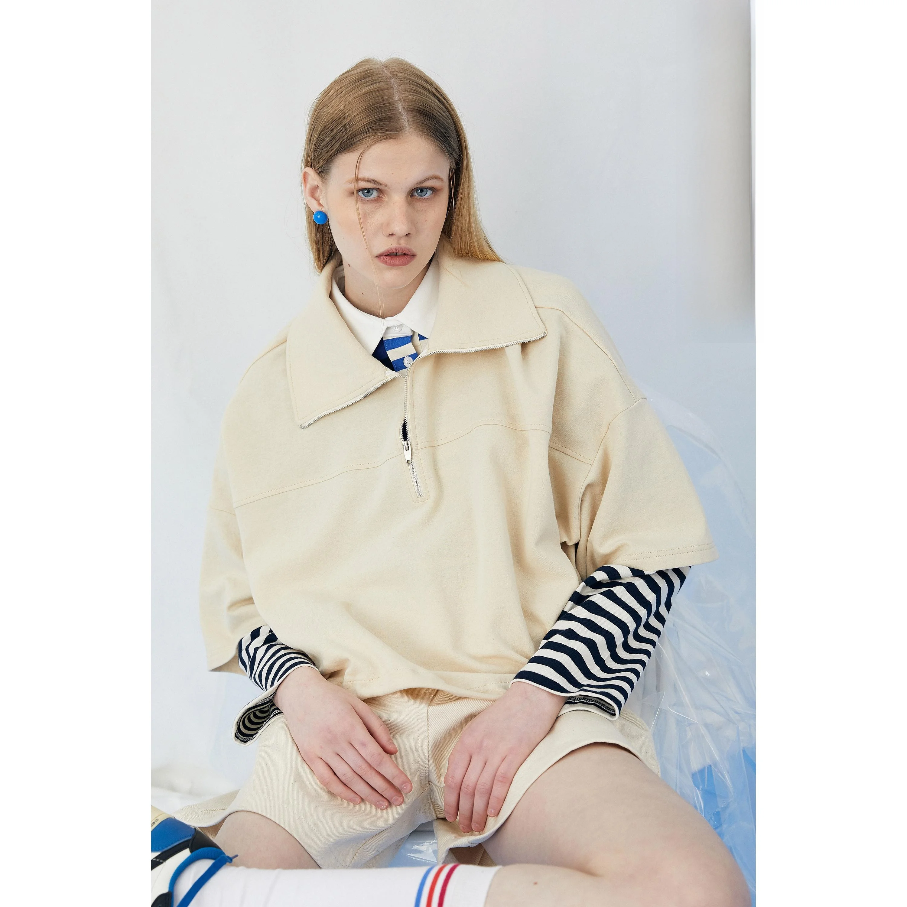 

Mimifa Lazy irt Женская повседневная одежда Pure Color ort Sve Воротник на молнии с завязками на талии Длина пять четвертей