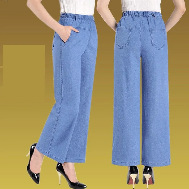 

High waisted Wide leg Jeans Women Spring Summer Thin Elastic waist Nine points Pants Mothers Casual Denim Straight leg Trousers