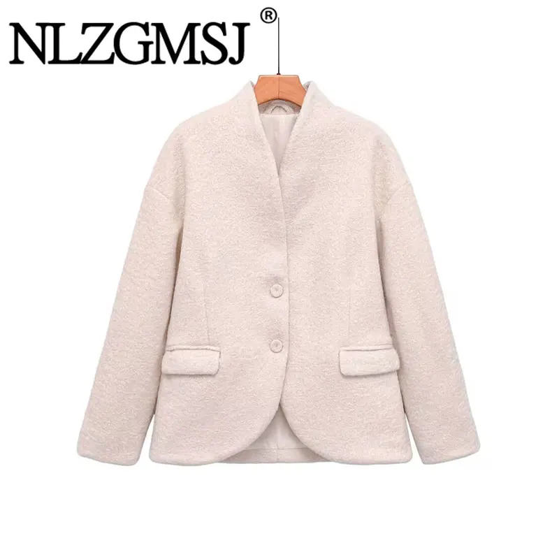 NLZGMSJ 2026 Women's Retro Fashion V-neck Single Breasted Fitted Cropped Jacket Elegant Commuter Solid Color Autumn Outerwear