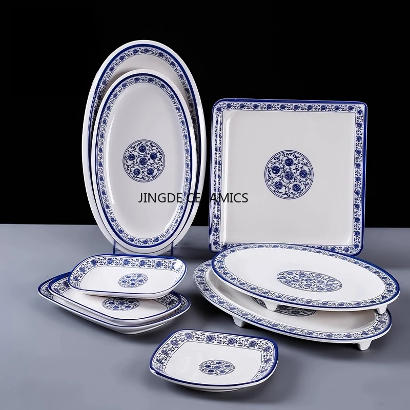 Melamine Dish Blue and White Square Disc Hotel/Restaurant Restaurant Plate Restaurant Kitchen Utensils Melamine Main Dish Plate