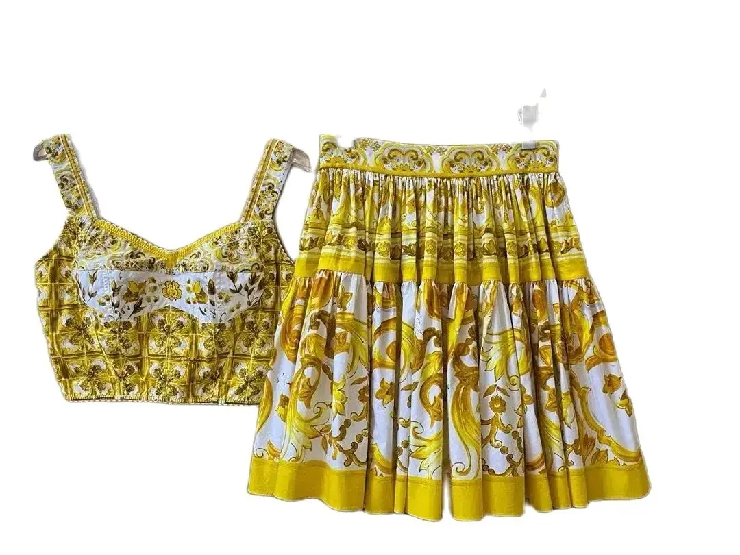 Brand Design Yellow Blue And White Porcelain 2 pcs Set Women\'s Corset Short Tops + A Line Mini Skirt Suit Summer Beach Wear